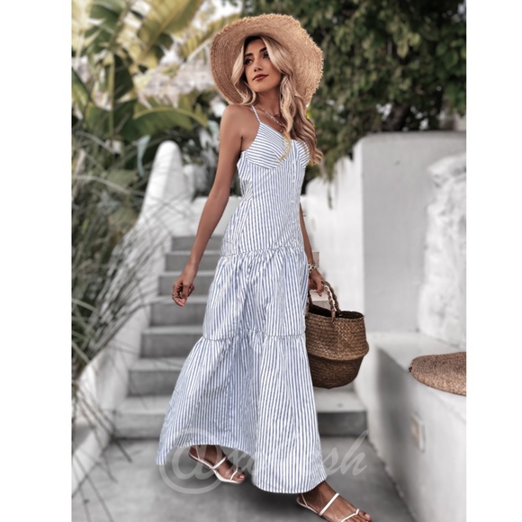 Striped Boho Maxi Button Front White Dress - Picture 4 of 8